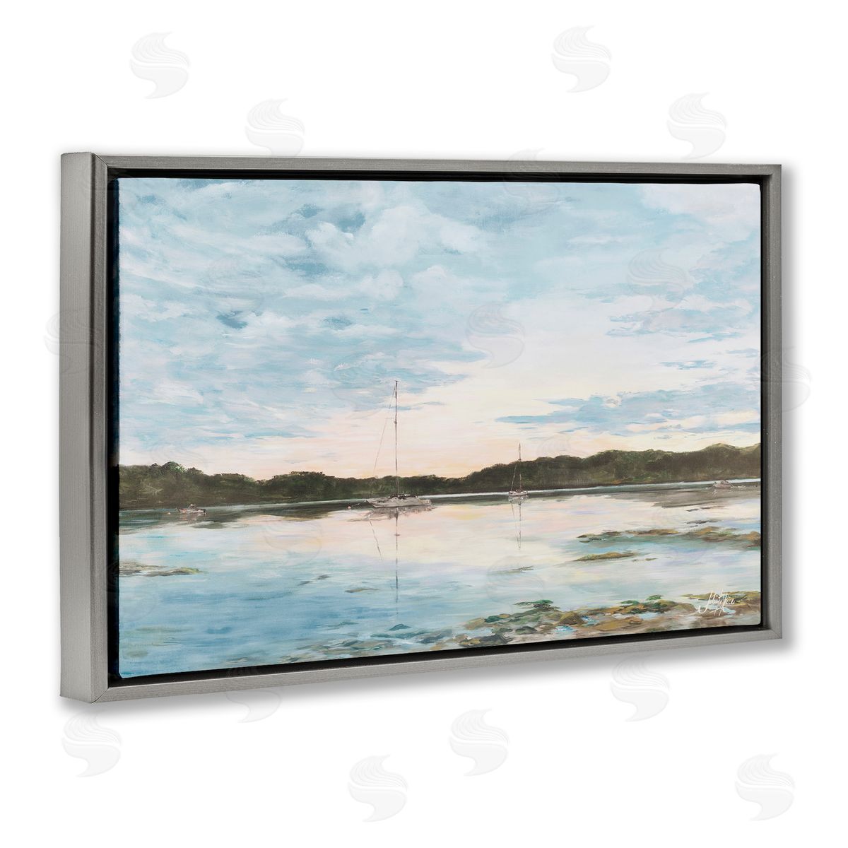Quiet Day on Lake Grey Floating Frame Canvas Wall Art, Home Decor by Julie DeRice