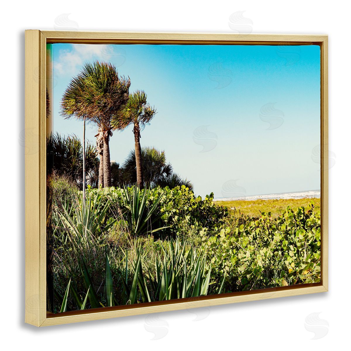 Lush Tropical Shoreline Gold Floating Frame Canvas Wall Art, Home Decor by Stede Bonnett