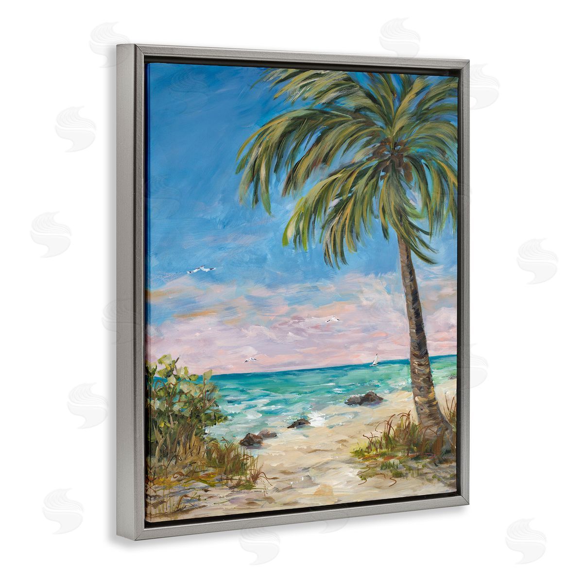 By the Single Palm Grey Floating Frame Canvas Wall Art, Home Decor by Julie Derice