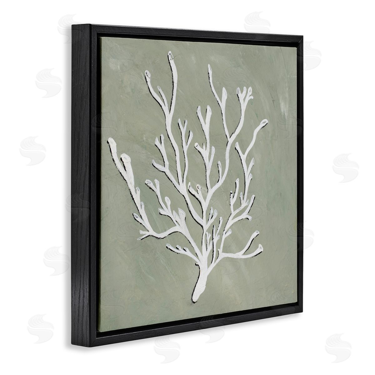 White Coral Sprig Black Floating Frame Canvas Wall Art, Home Decor by Nola James