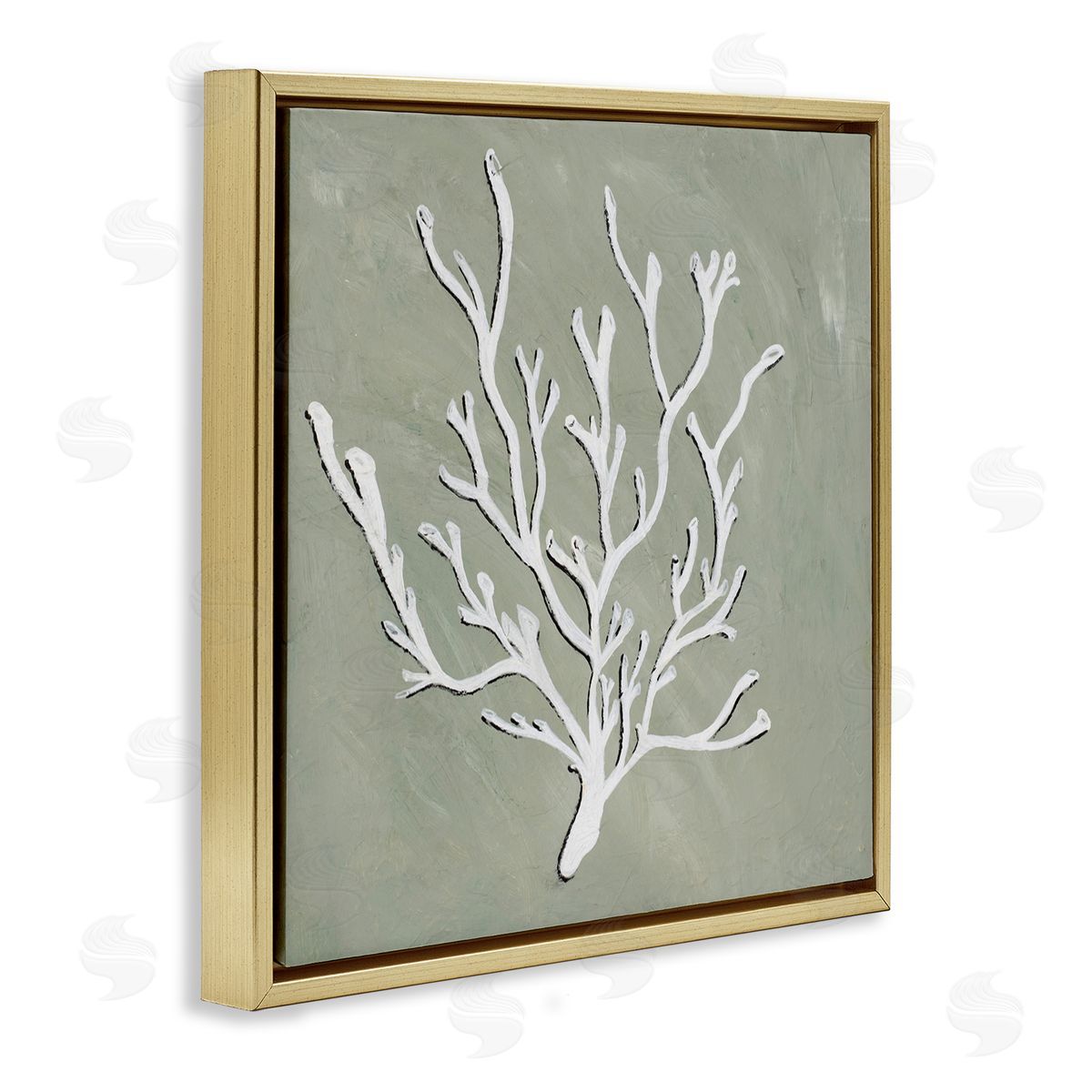 White Coral Sprig Gold Floating Frame Canvas Wall Art, Home Decor by Nola James