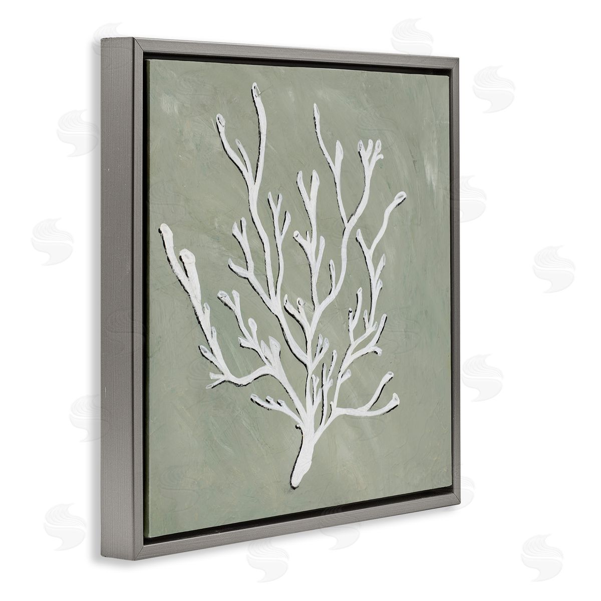 White Coral Sprig Grey Floating Frame Canvas Wall Art, Home Decor by Nola James