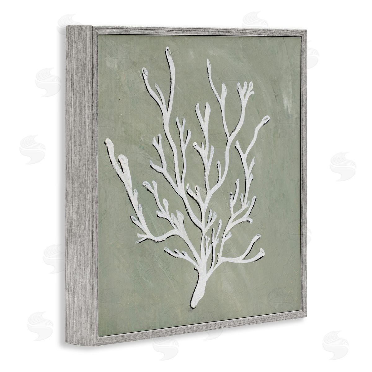 White Coral Sprig Grey Frame Print Wall Art, Home Decor by Nola James