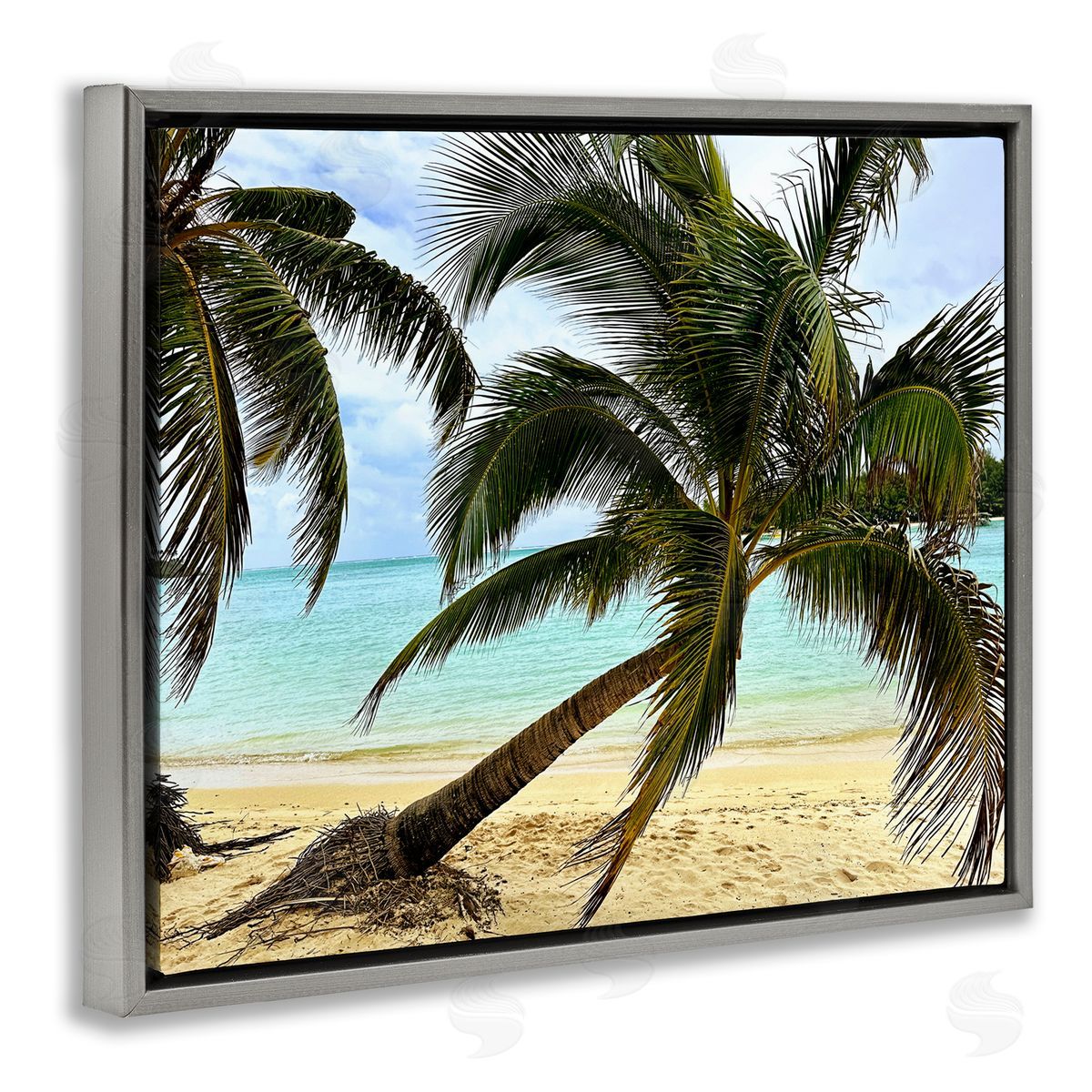 Leaning Palms on Beach Grey Floating Frame Canvas Wall Art, Home Decor by Kali Wilson