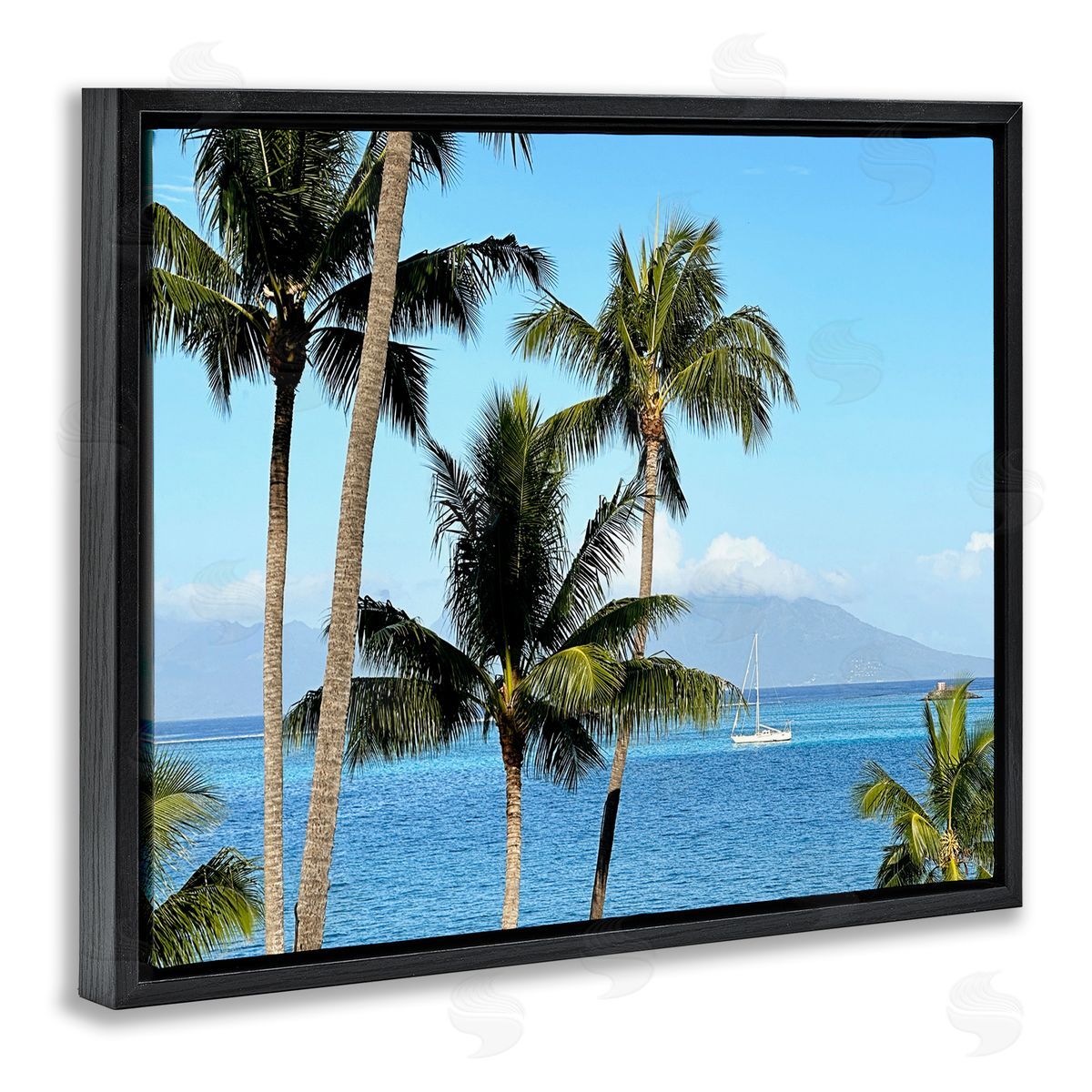 Palm Trees and Sailboat Black Floating Frame Canvas Wall Art, Home Decor by Kali Wilson