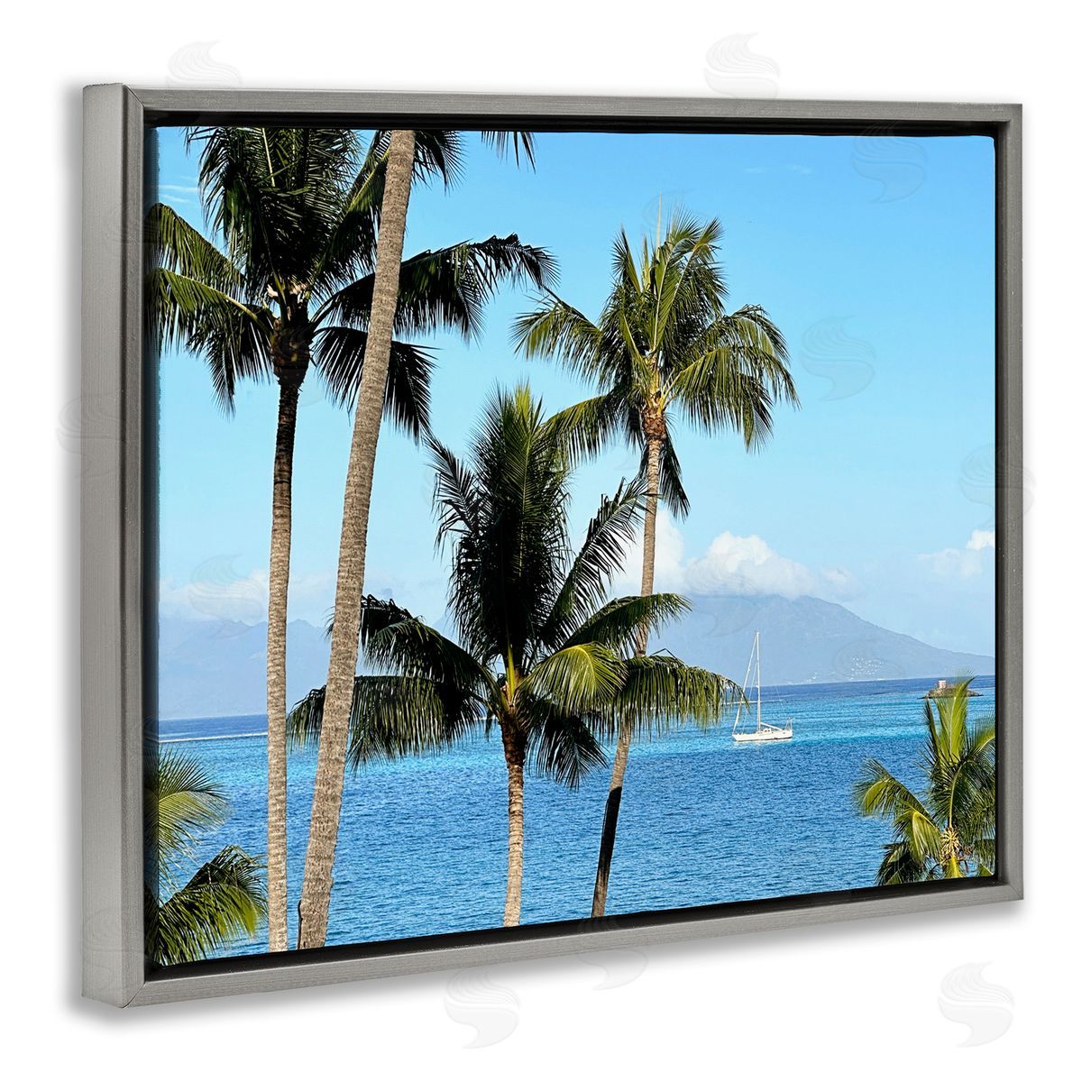 Palm Trees and Sailboat Grey Floating Frame Canvas Wall Art, Home Decor by Kali Wilson