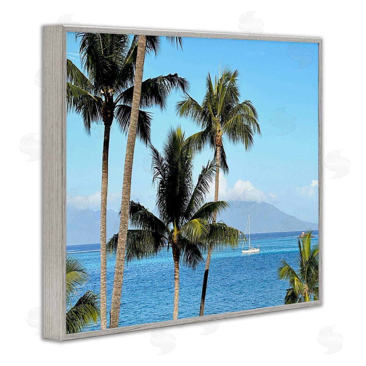 Palm Trees and Sailboat Grey Frame Print Wall Art, Home Decor by Kali Wilson