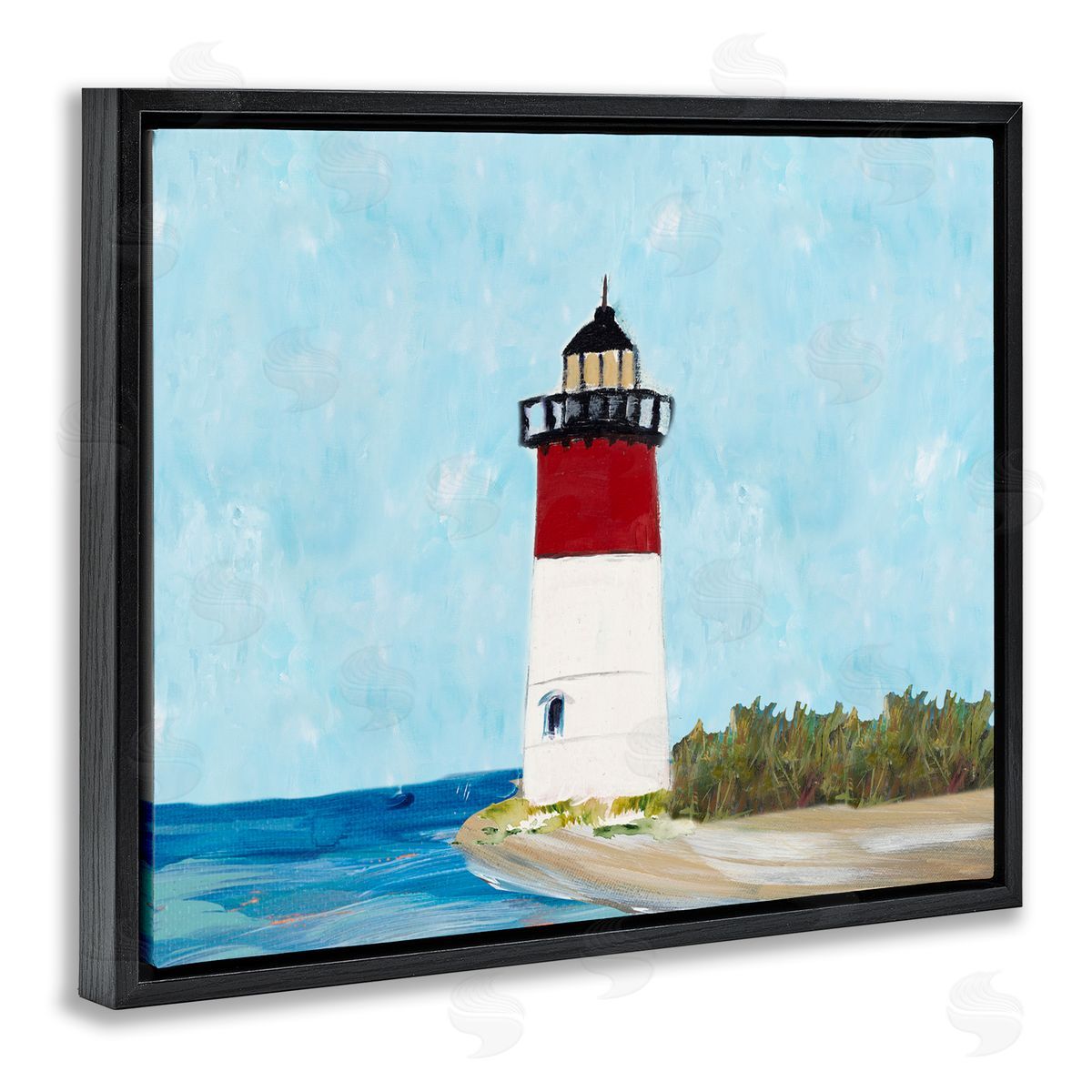 Coastal Lighthouse on Blue Black Floating Frame Canvas Wall Art, Home Decor by Julie Derice