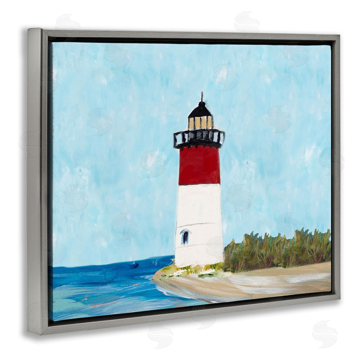 Coastal Lighthouse on Blue Grey Floating Frame Canvas Wall Art, Home Decor by Julie Derice