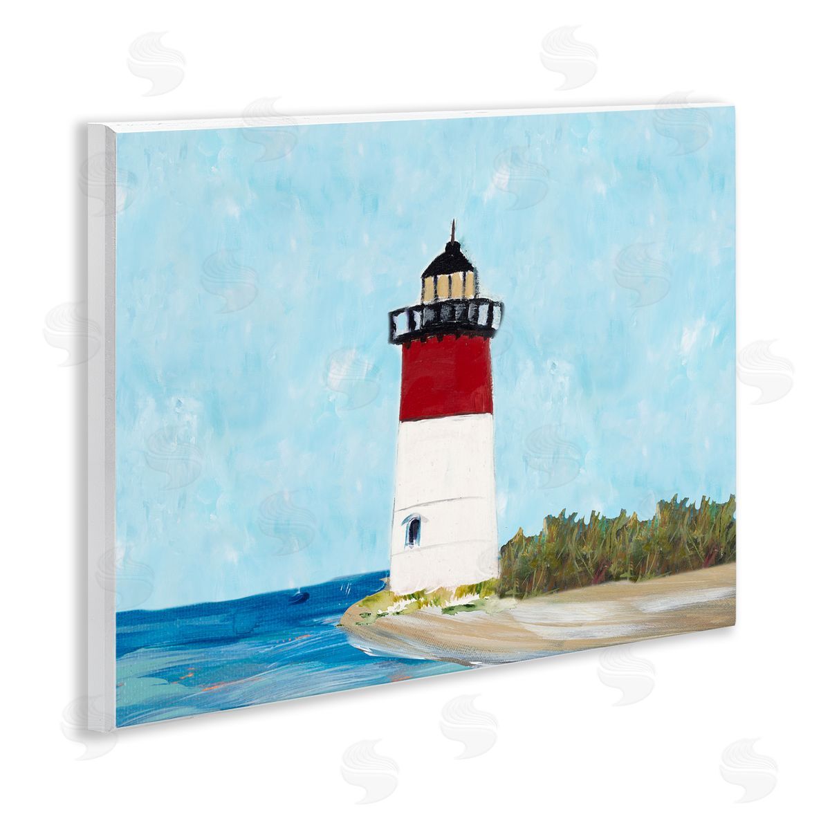 Coastal Lighthouse on Blue Wood Plaque Wall Art, Home Decor by Julie Derice