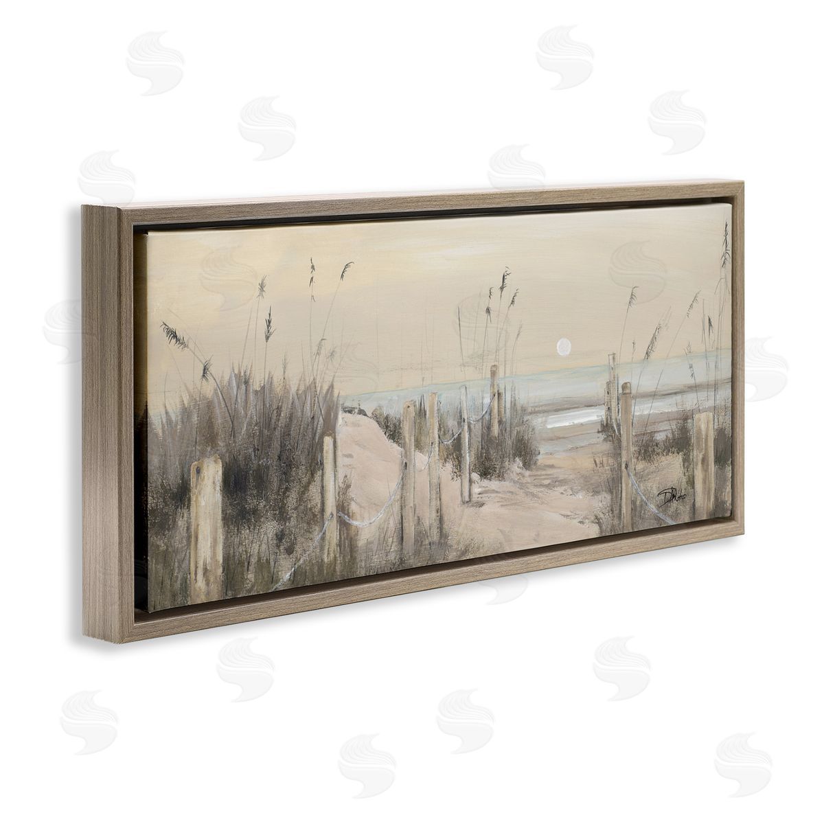 White Moon Over Ocean Brown Floating Frame Canvas Wall Art, Home Decor by Patricia Pinto