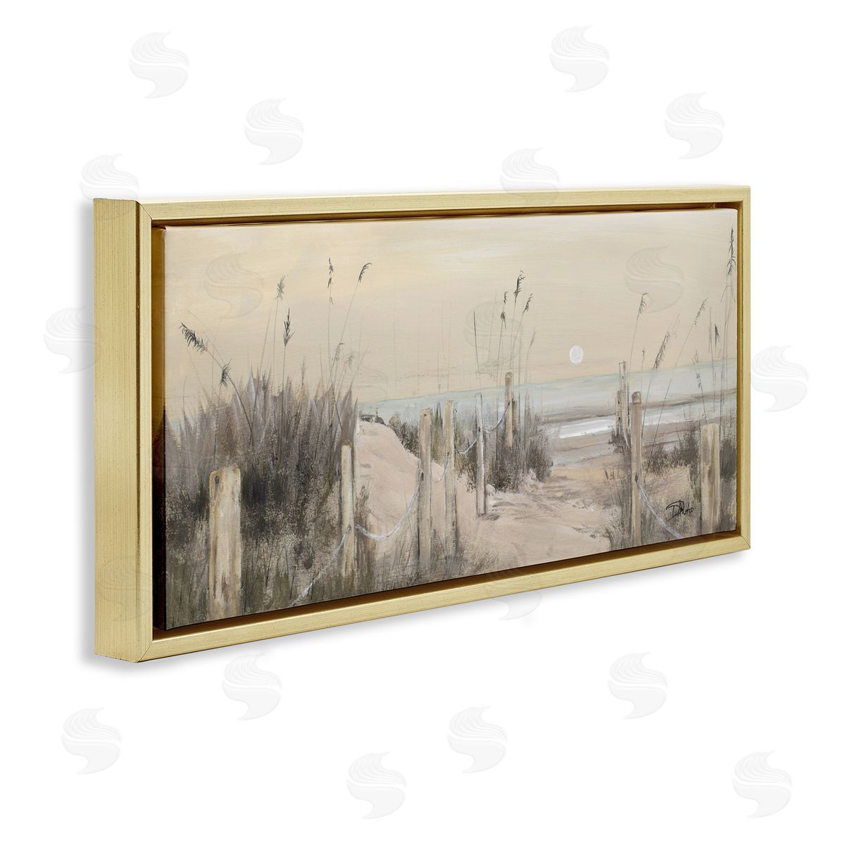 White Moon Over Ocean Gold Floating Frame Canvas Wall Art, Home Decor by Patricia Pinto