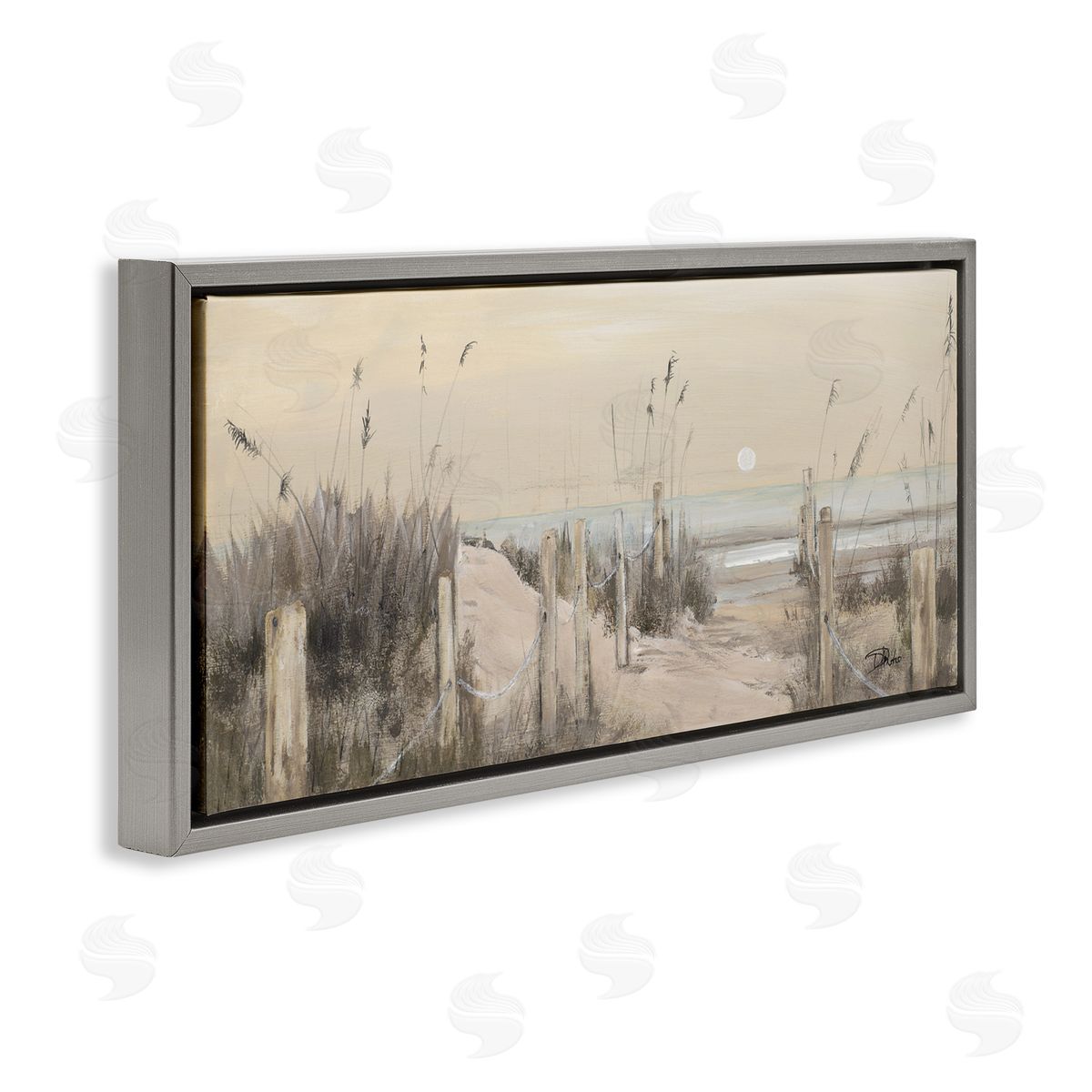 White Moon Over Ocean Grey Floating Frame Canvas Wall Art, Home Decor by Patricia Pinto