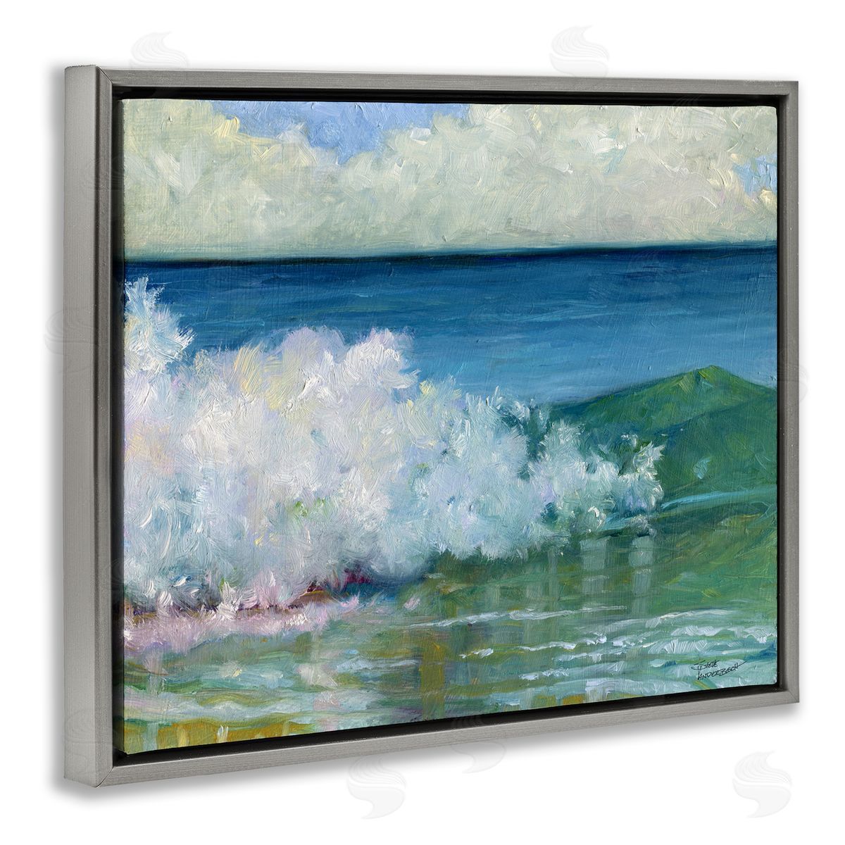 Strong Splashing Wave Grey Floating Frame Canvas Wall Art, Home Decor by Steve Vanderbosch