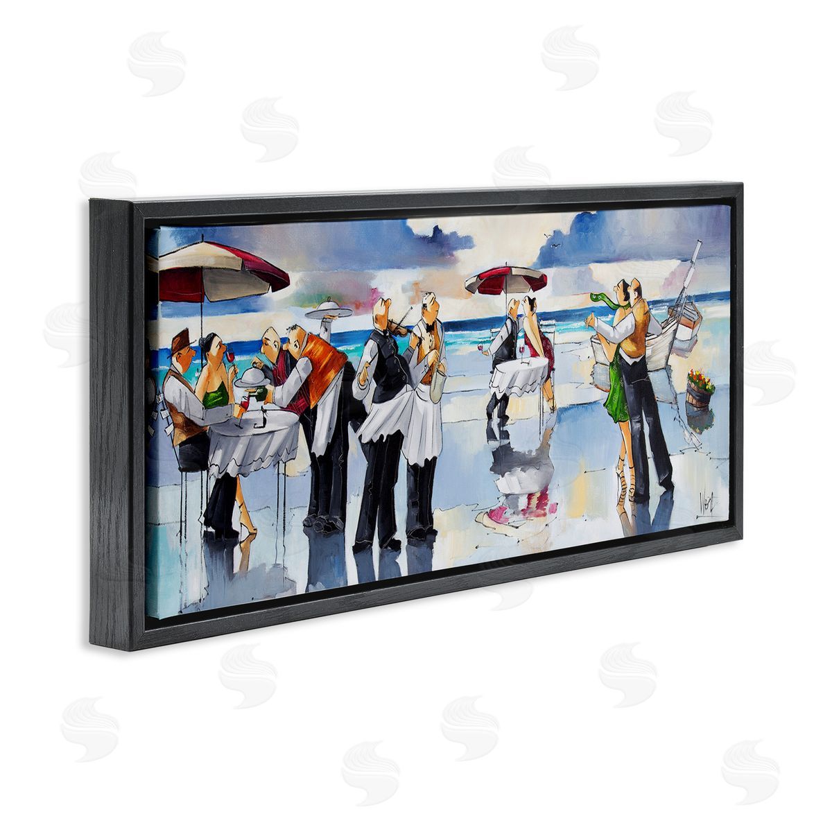 Fancy Dinner on Beach Black Floating Frame Canvas Wall Art, Home Decor by Ronald West