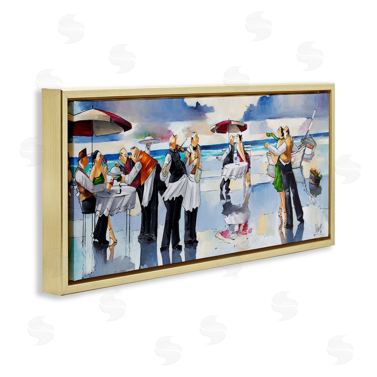 Fancy Dinner on Beach Gold Floating Frame Canvas Wall Art, Home Decor by Ronald West