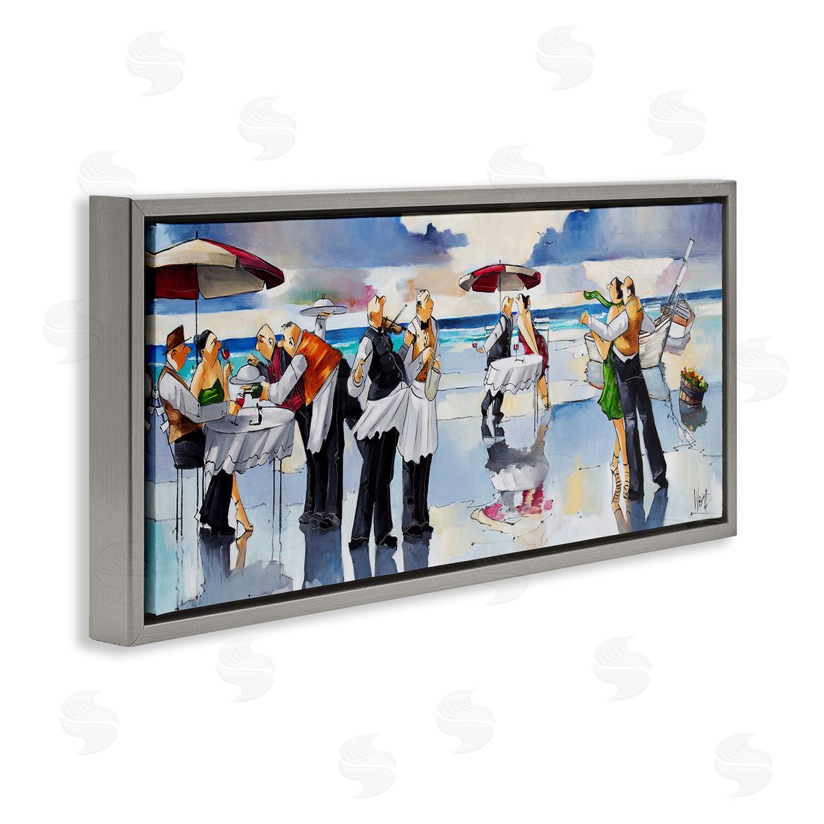 Fancy Dinner on Beach Grey Floating Frame Canvas Wall Art, Home Decor by Ronald West