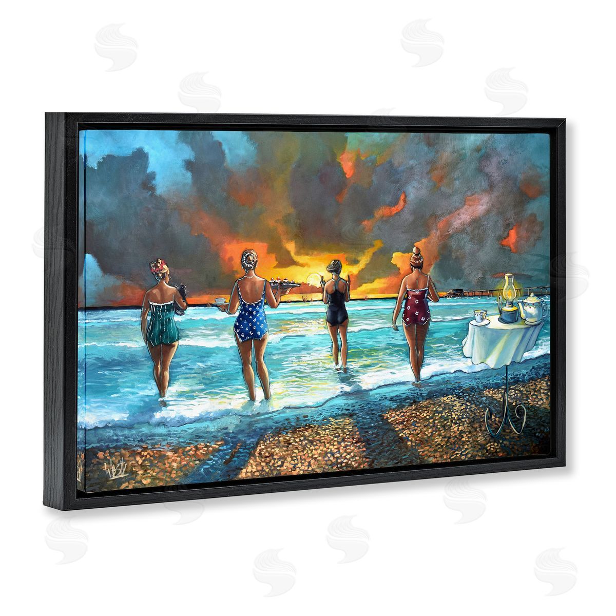 Elegant Ladies on Beach Black Floating Frame Canvas Wall Art, Home Decor by Ronald West