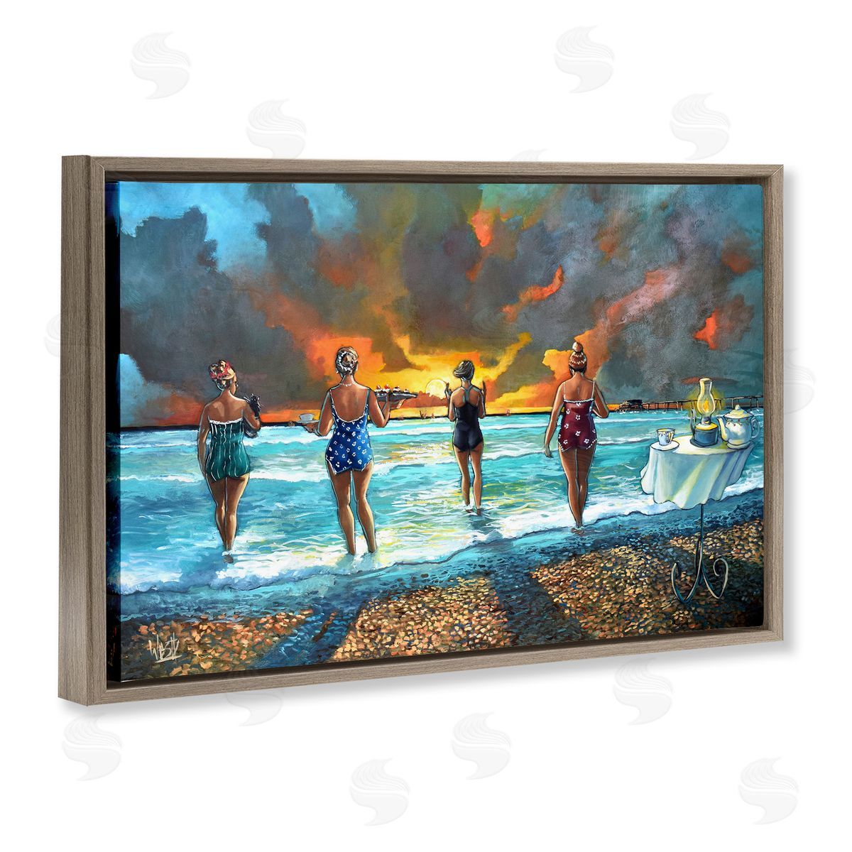 Elegant Ladies on Beach Brown Floating Frame Canvas Wall Art, Home Decor by Ronald West