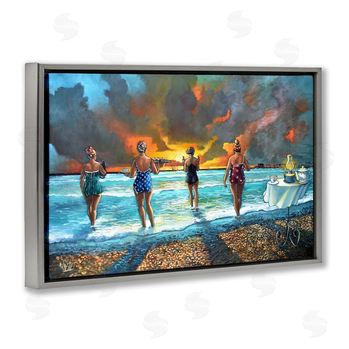 Elegant Ladies on Beach Grey Floating Frame Canvas Wall Art, Home Decor by Ronald West