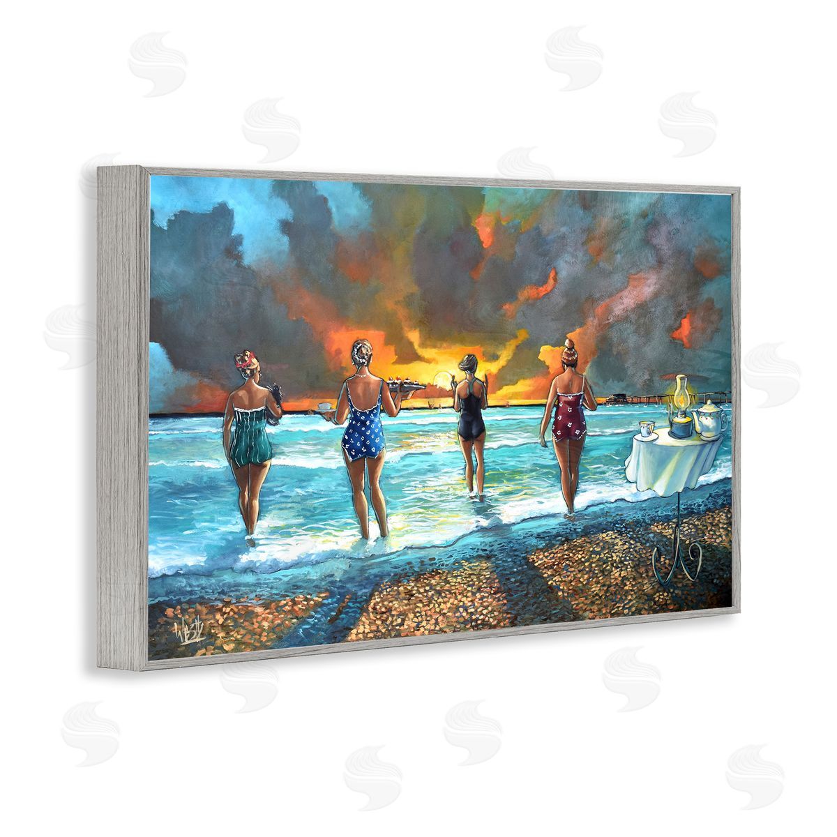 Elegant Ladies on Beach Grey Frame Print Wall Art, Home Decor by Ronald West