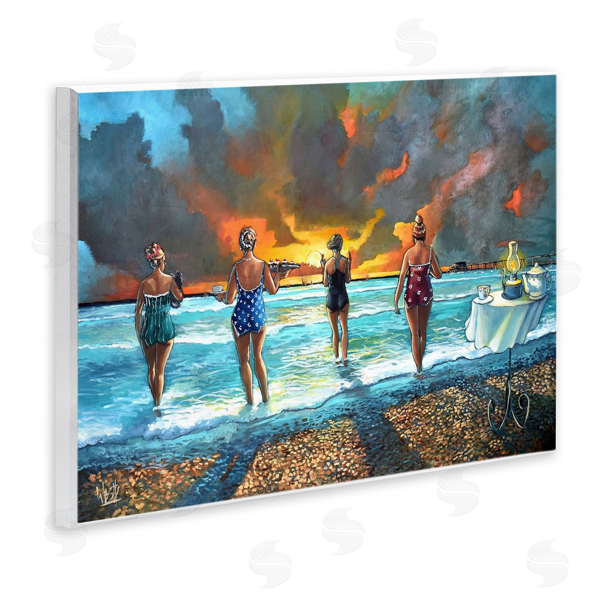 Elegant Ladies on Beach Wood Plaque Wall Art, Home Decor by Ronald West