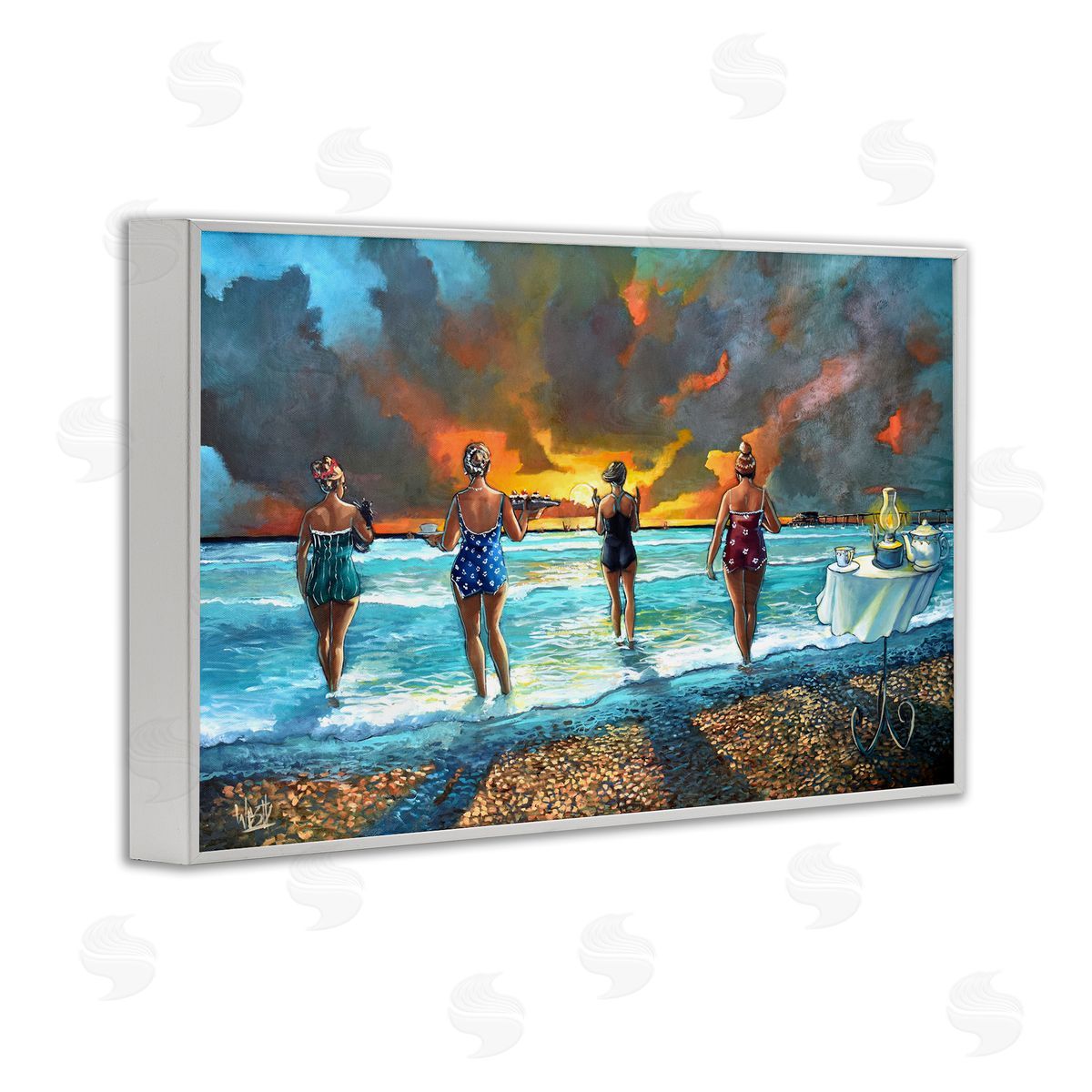 Elegant Ladies on Beach White Frame Print Wall Art, Home Decor by Ronald West