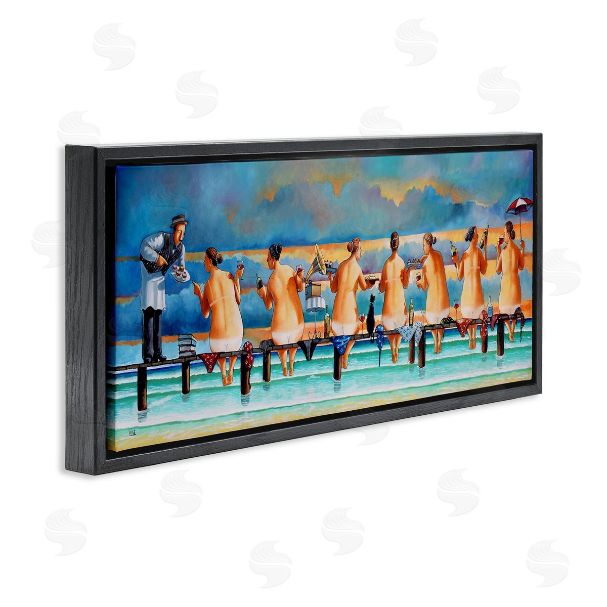 Ladies Enjoying Beach Black Floating Frame Canvas Wall Art, Home Decor by Ronald West