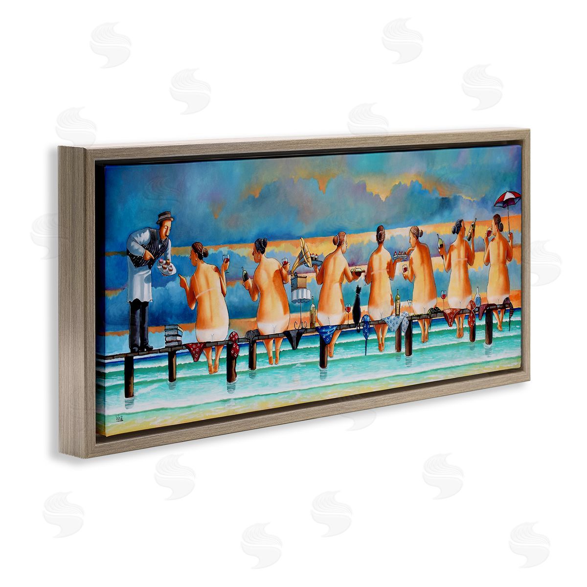 Ladies Enjoying Beach Brown Floating Frame Canvas Wall Art, Home Decor by Ronald West