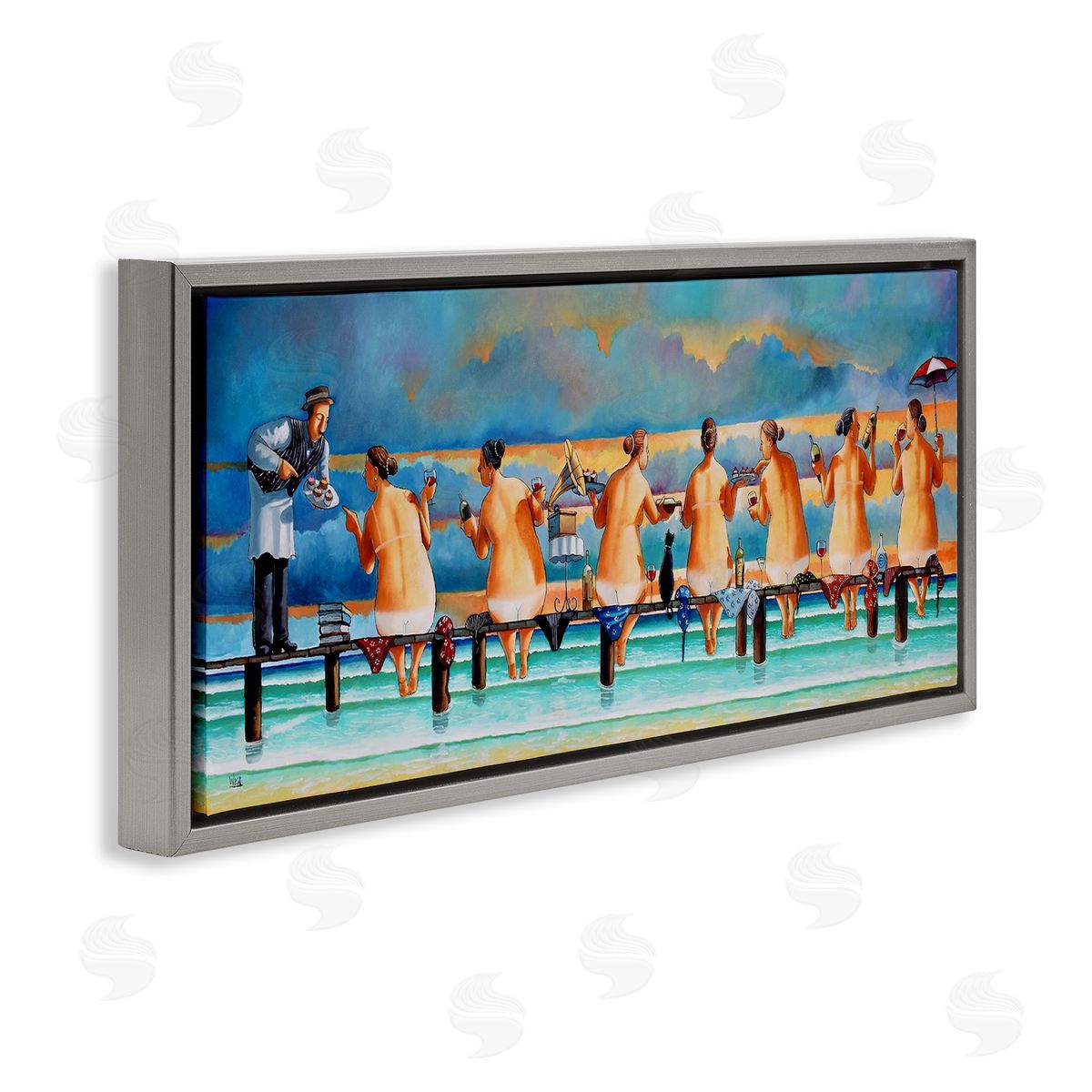 Ladies Enjoying Beach Grey Floating Frame Canvas Wall Art, Home Decor by Ronald West