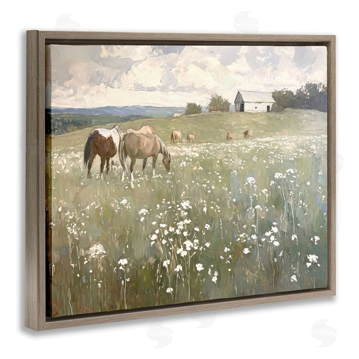 Horses in Pasture Brown Floating Frame Canvas Wall Art, Home Decor by Ramona Murdock