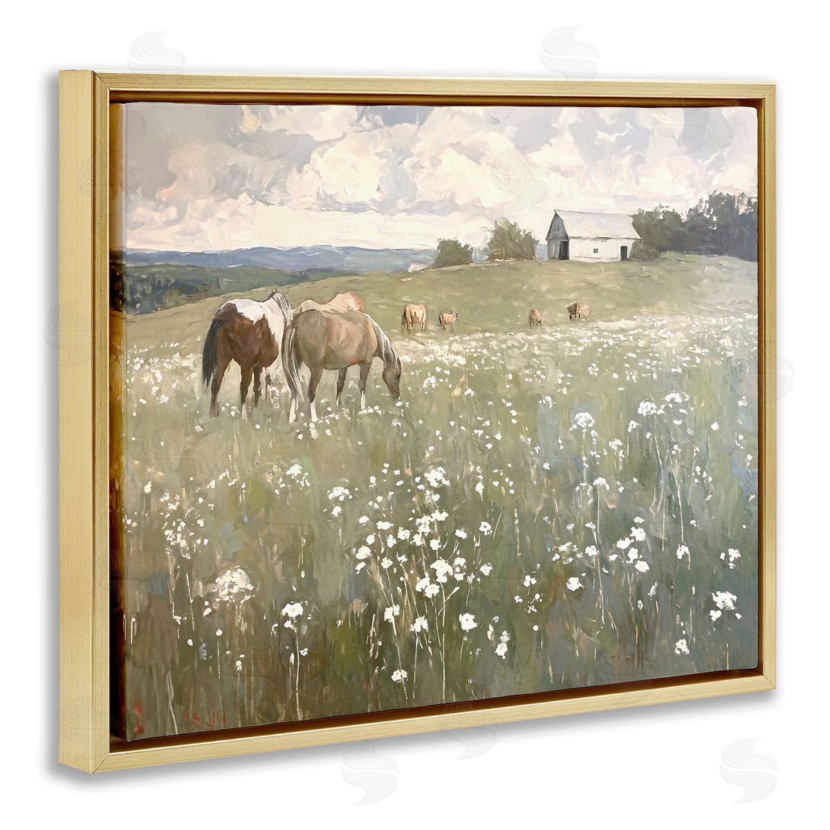 Horses in Pasture Gold Floating Frame Canvas Wall Art, Home Decor by Ramona Murdock