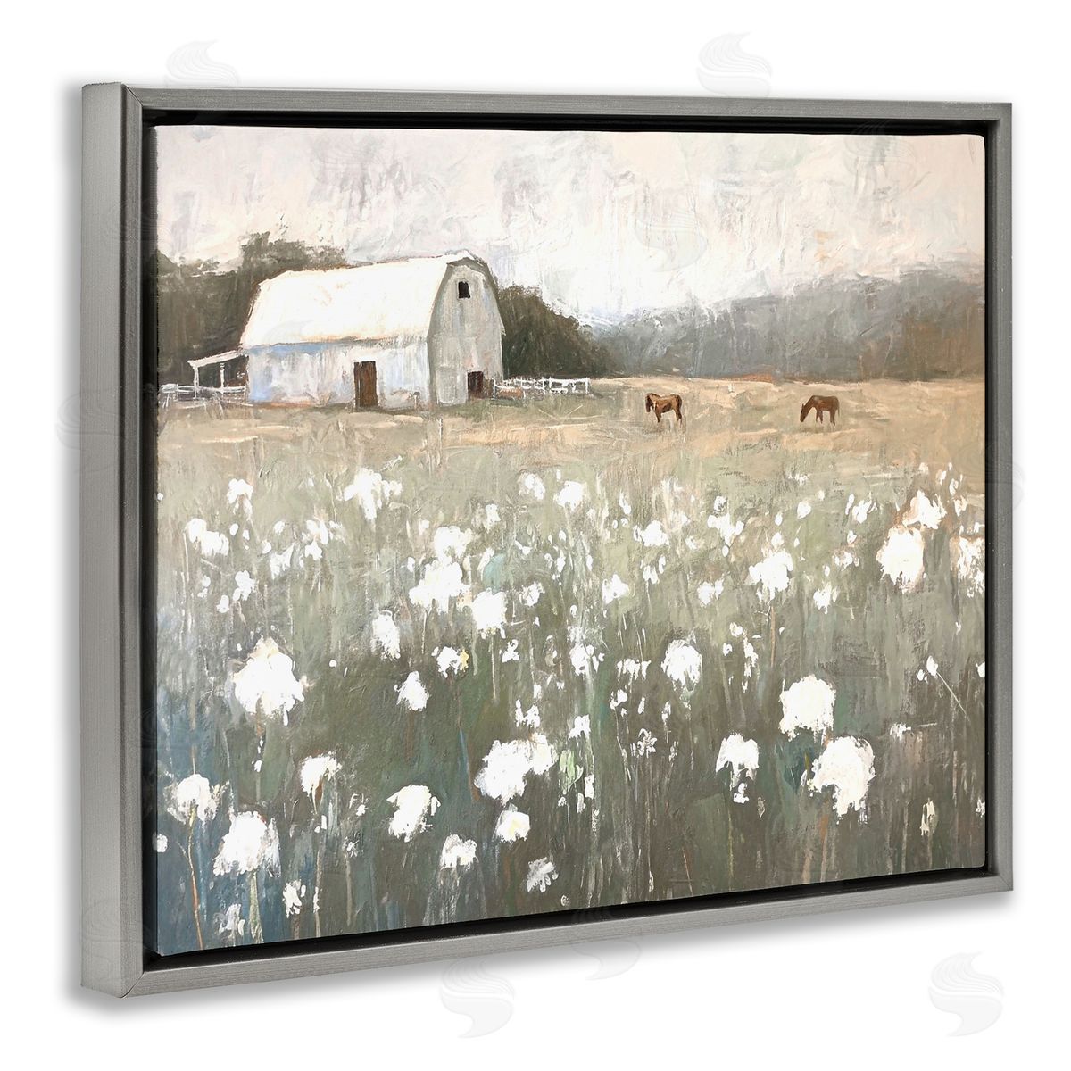 Peaceful Horse Pasture Grey Floating Frame Canvas Wall Art, Home Decor by Ramona Murdock