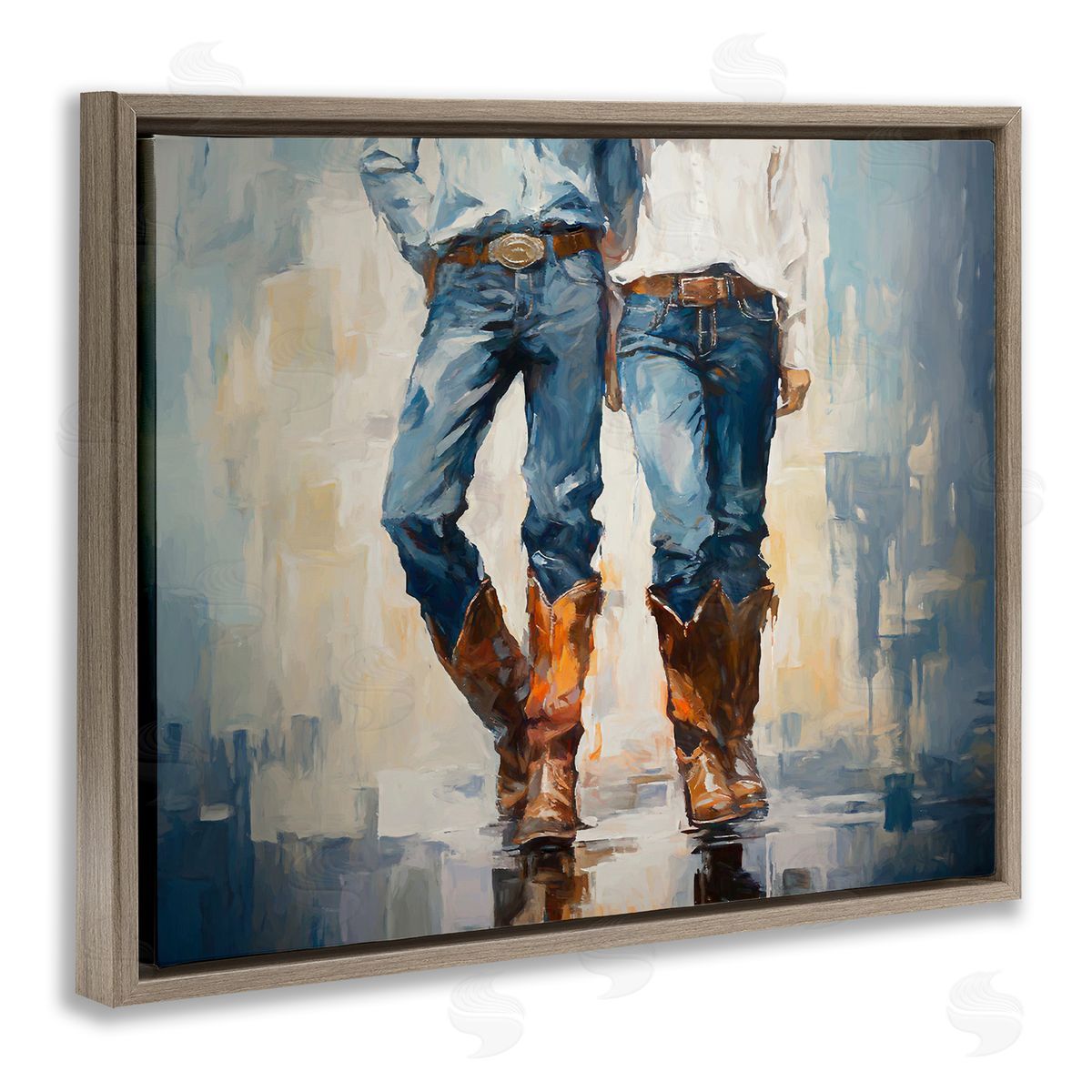 Cowboy and Cowgirl Couple Brown Floating Frame Canvas Wall Art, Home Decor by Ramona Murdock