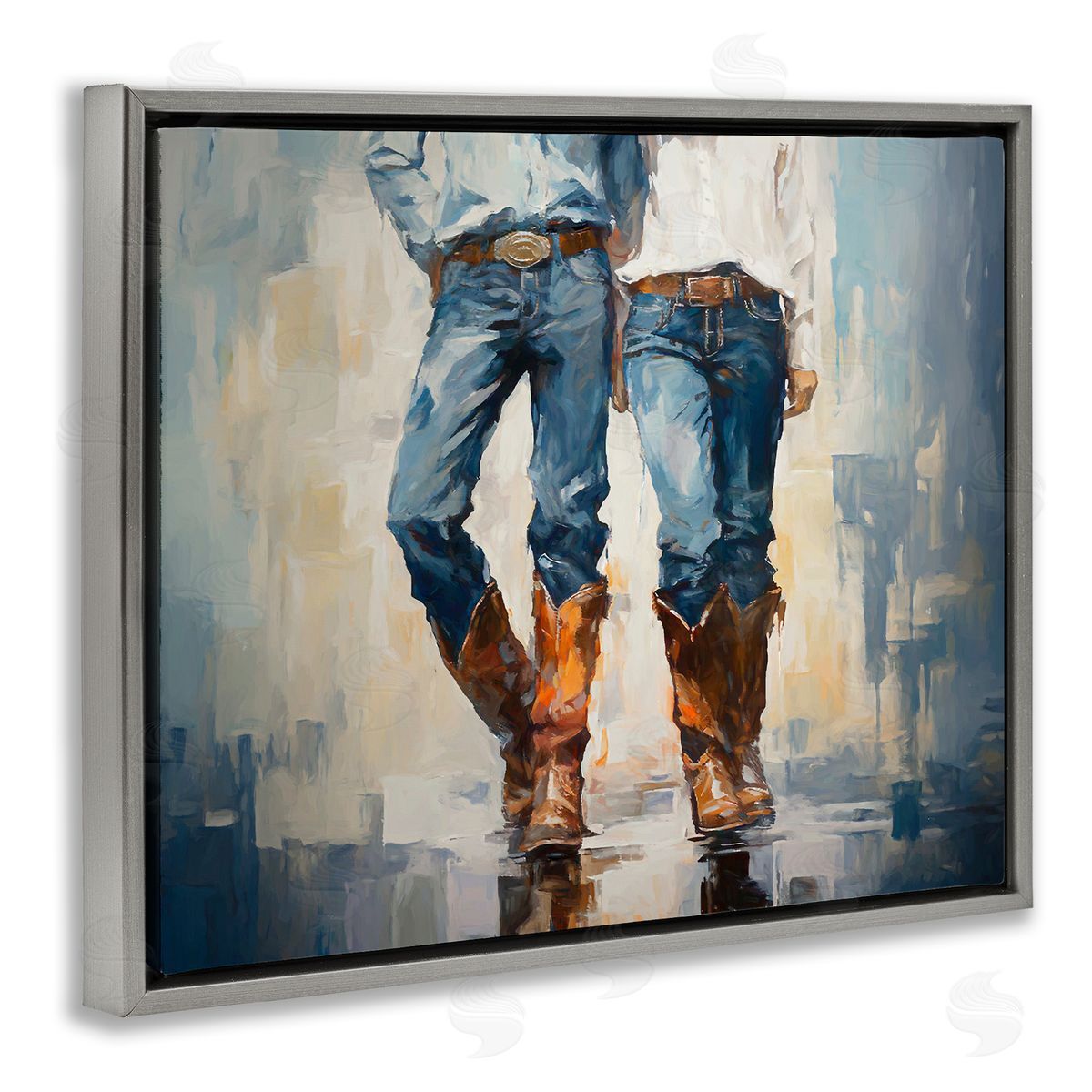 Cowboy and Cowgirl Couple Grey Floating Frame Canvas Wall Art, Home Decor by Ramona Murdock