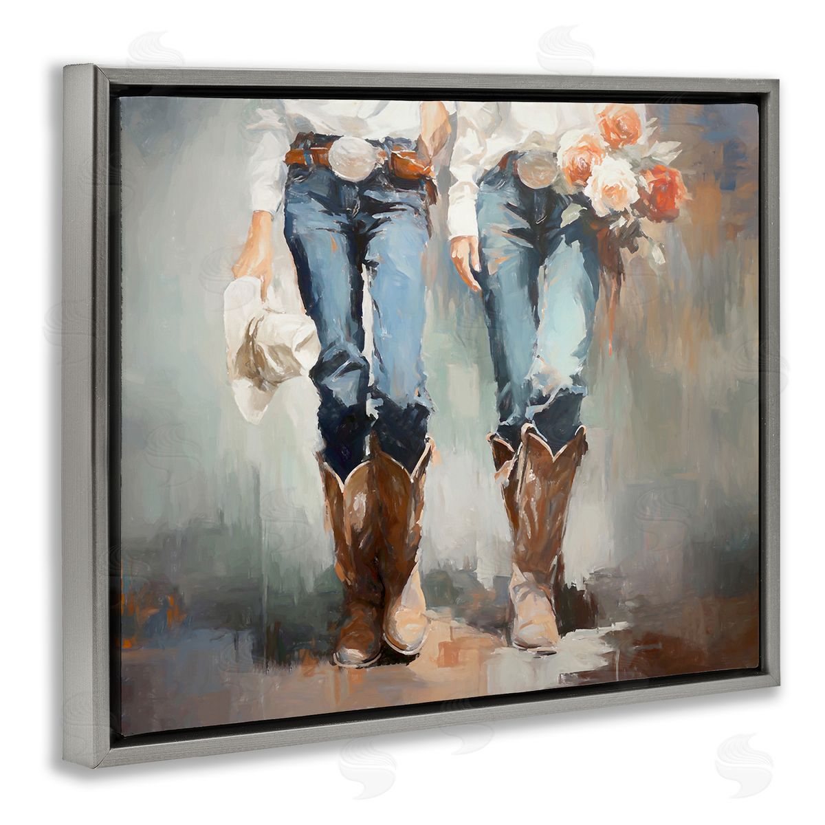 Floral Cowgirl Pair Grey Floating Frame Canvas Wall Art, Home Decor by Ramona Murdock