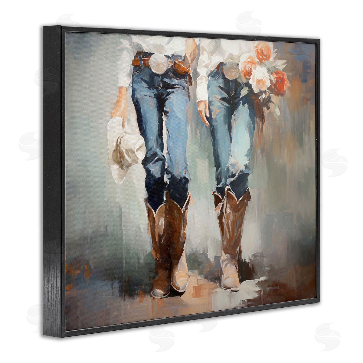 Floral Cowgirl Pair Black Frame Print Wall Art, Home Decor by Ramona Murdock