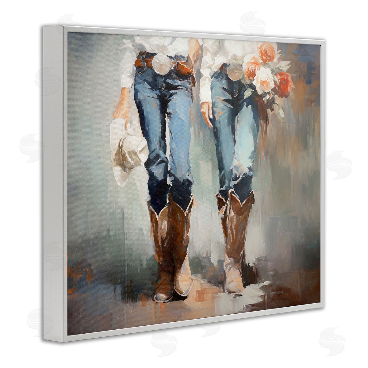 Floral Cowgirl Pair White Frame Print Wall Art, Home Decor by Ramona Murdock
