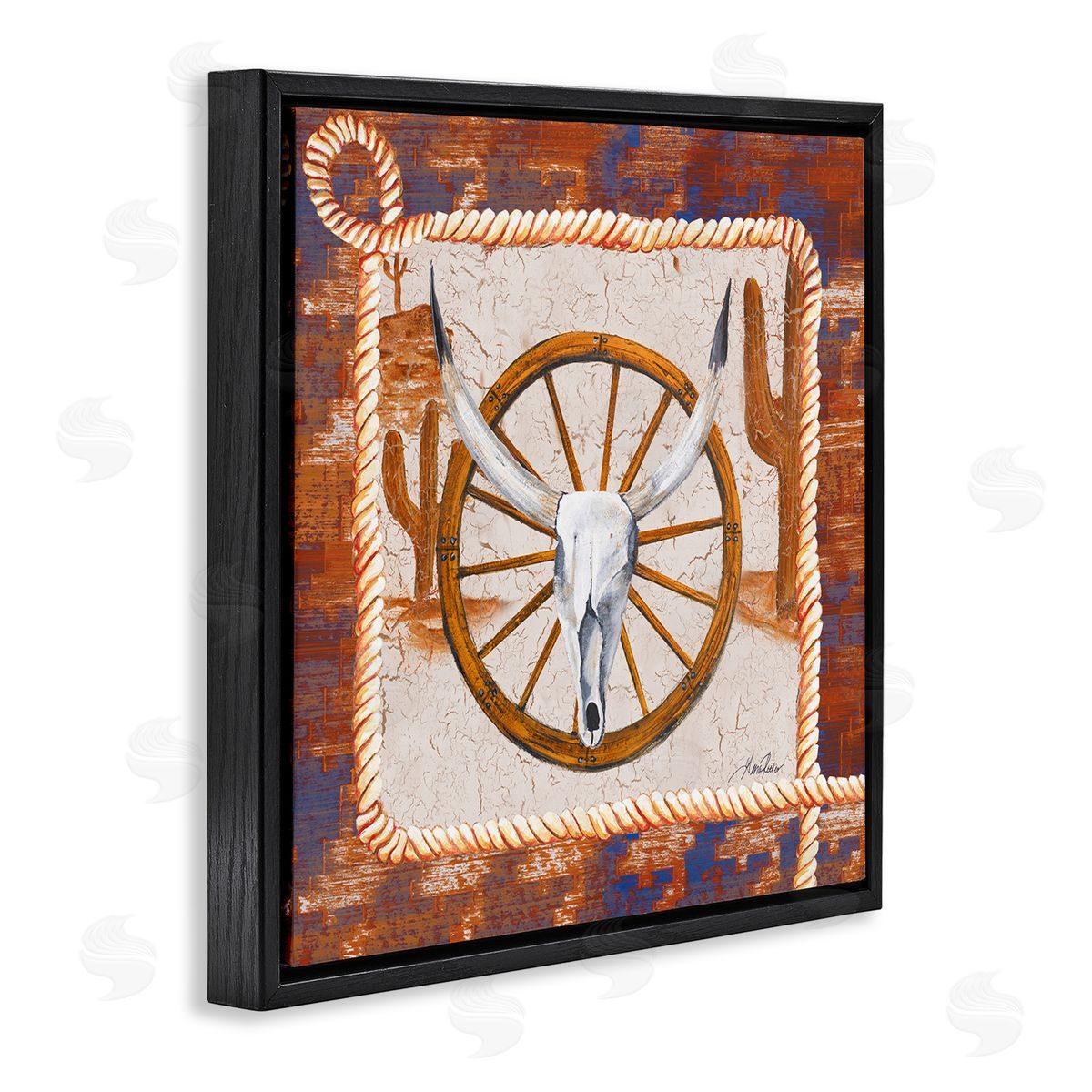 Western Desert Wheel Black Floating Frame Canvas Wall Art, Home Decor by Gina Ritter