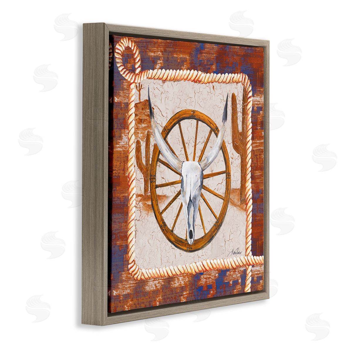 Western Desert Wheel Brown Floating Frame Canvas Wall Art, Home Decor by Gina Ritter