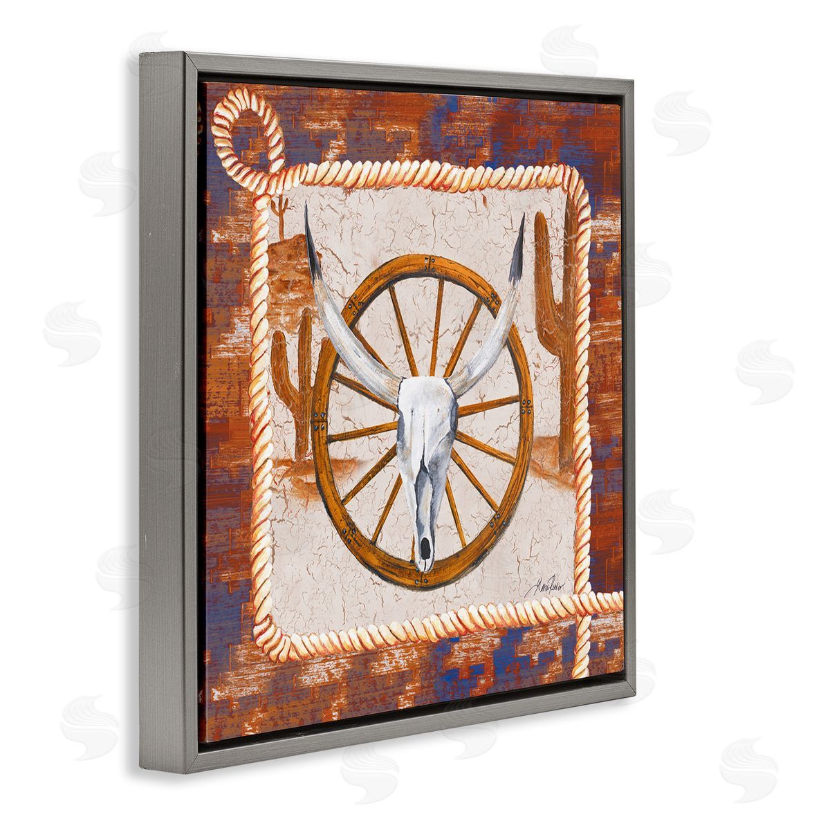 Western Desert Wheel Grey Floating Frame Canvas Wall Art, Home Decor by Gina Ritter