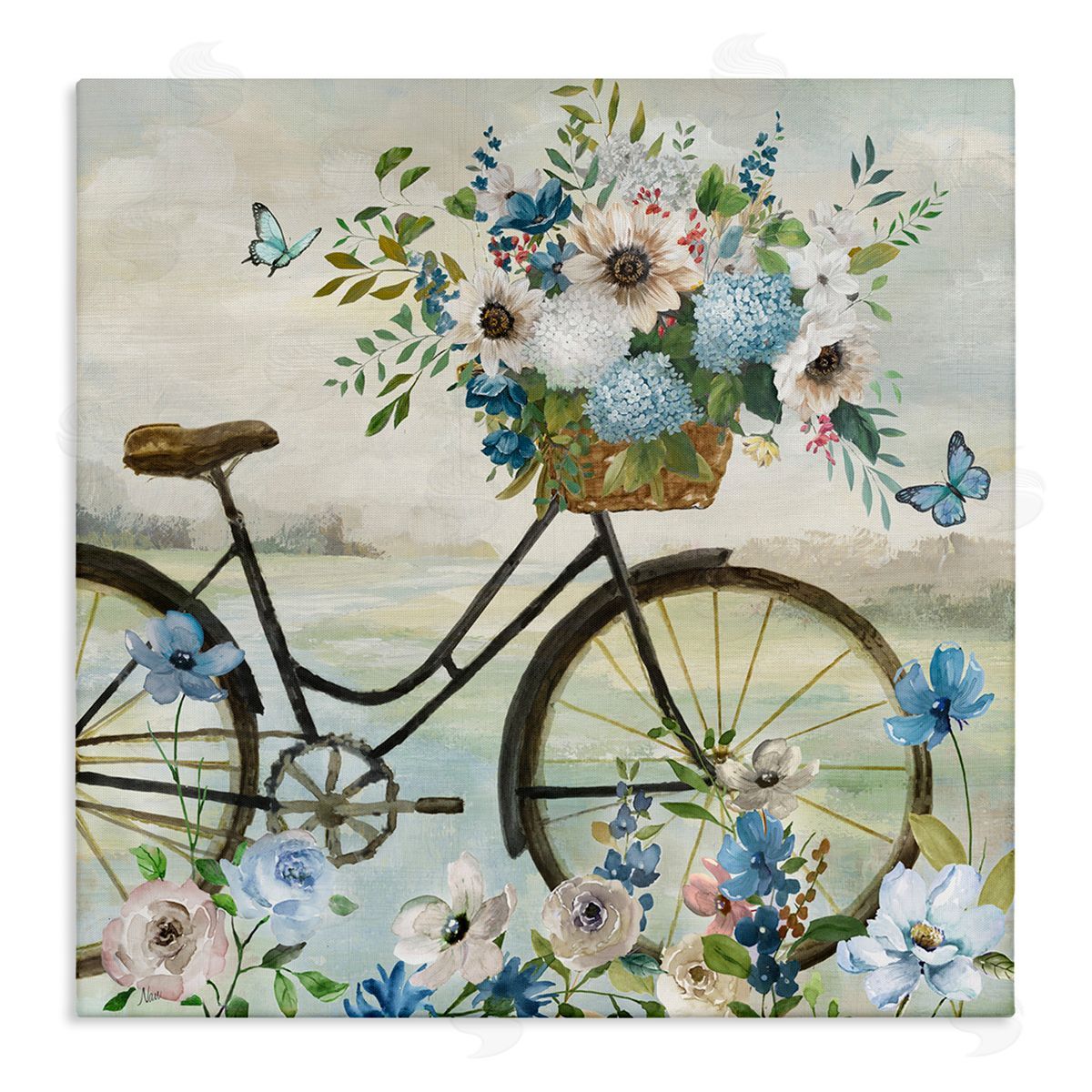 Floral Bicycle and Butterflies Canvas Wall Art, Home Decor by Nan
