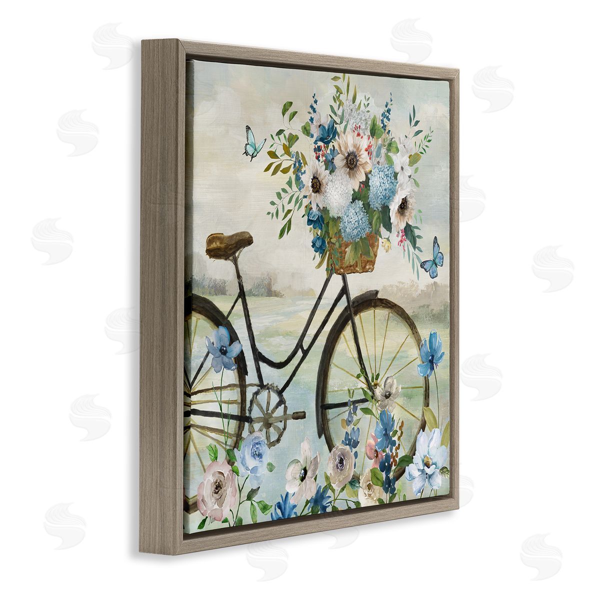 Floral Bicycle and Butterflies Brown Floating Frame Canvas Wall Art, Home Decor by Nan