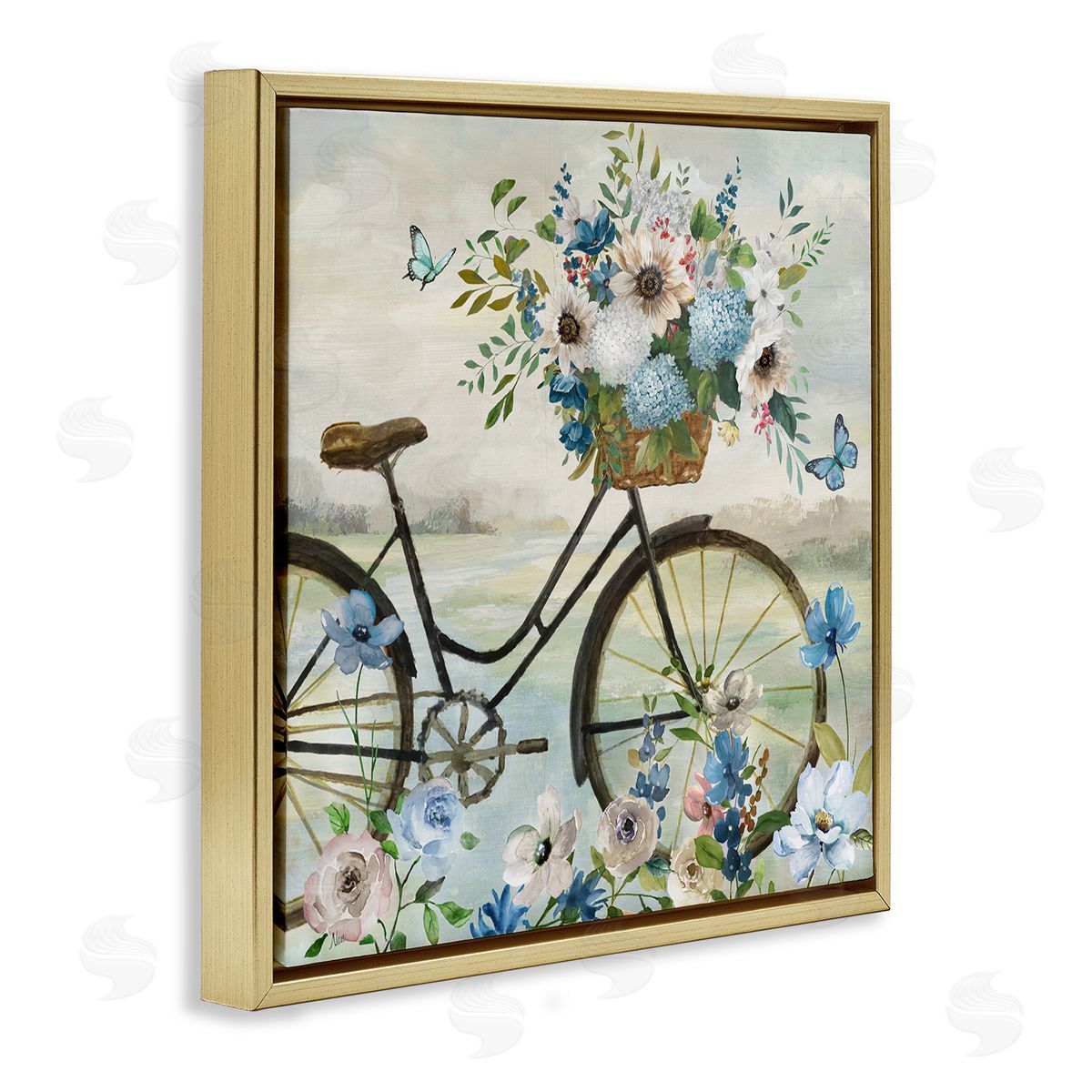 Floral Bicycle and Butterflies Gold Floating Frame Canvas Wall Art, Home Decor by Nan