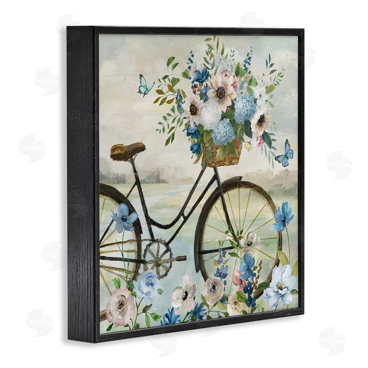Floral Bicycle and Butterflies Black Frame Print Wall Art, Home Decor by Nan