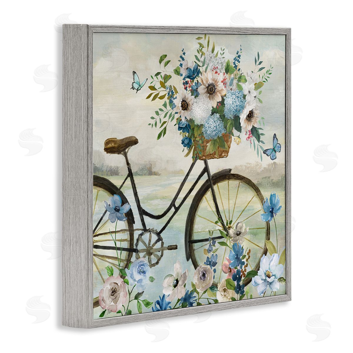 Floral Bicycle and Butterflies Grey Frame Print Wall Art, Home Decor by Nan
