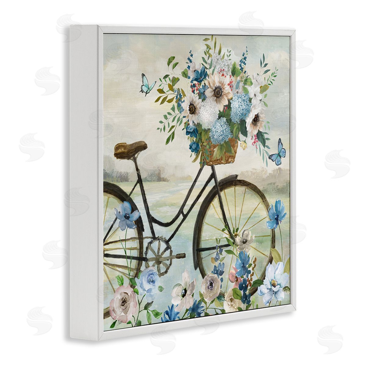 Floral Bicycle and Butterflies White Frame Print Wall Art, Home Decor by Nan