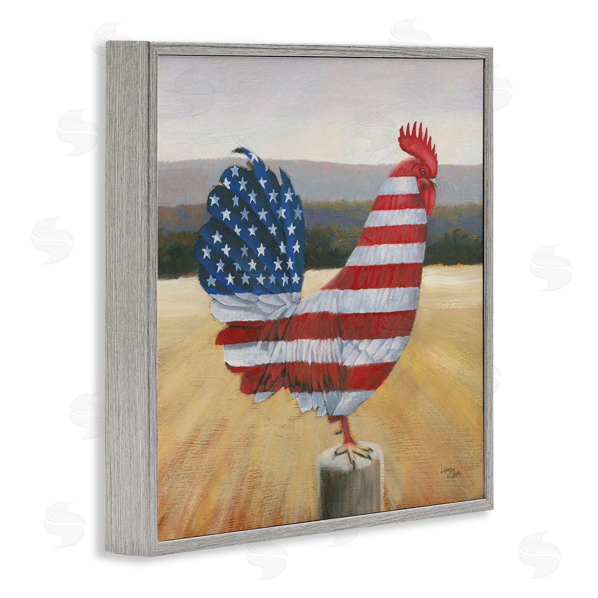 American Flag Rooster Grey Frame Print Wall Art, Home Decor by Wellington Studio