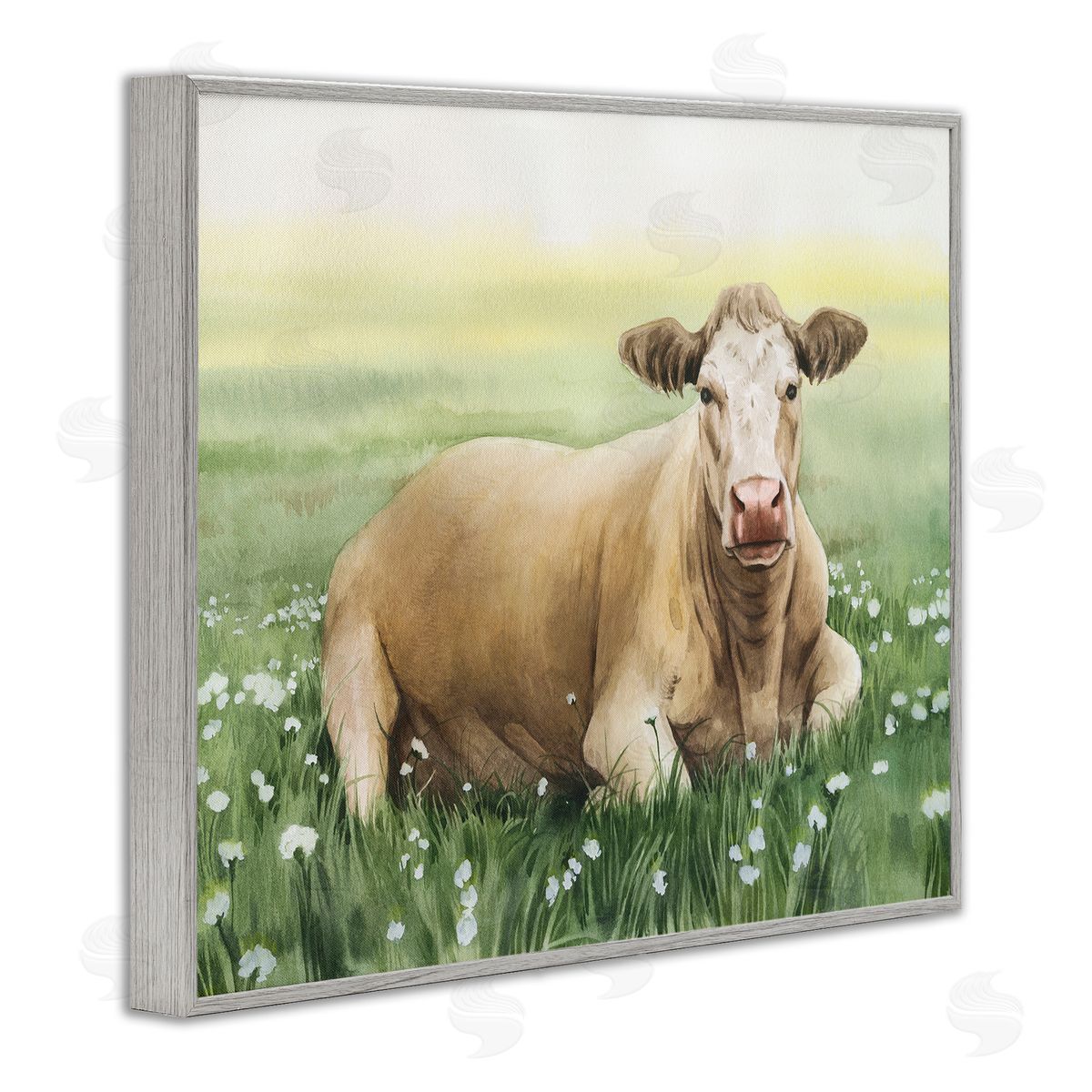 Resting Beige Cow Grey Frame Print Wall Art, Home Decor by Grace Popp