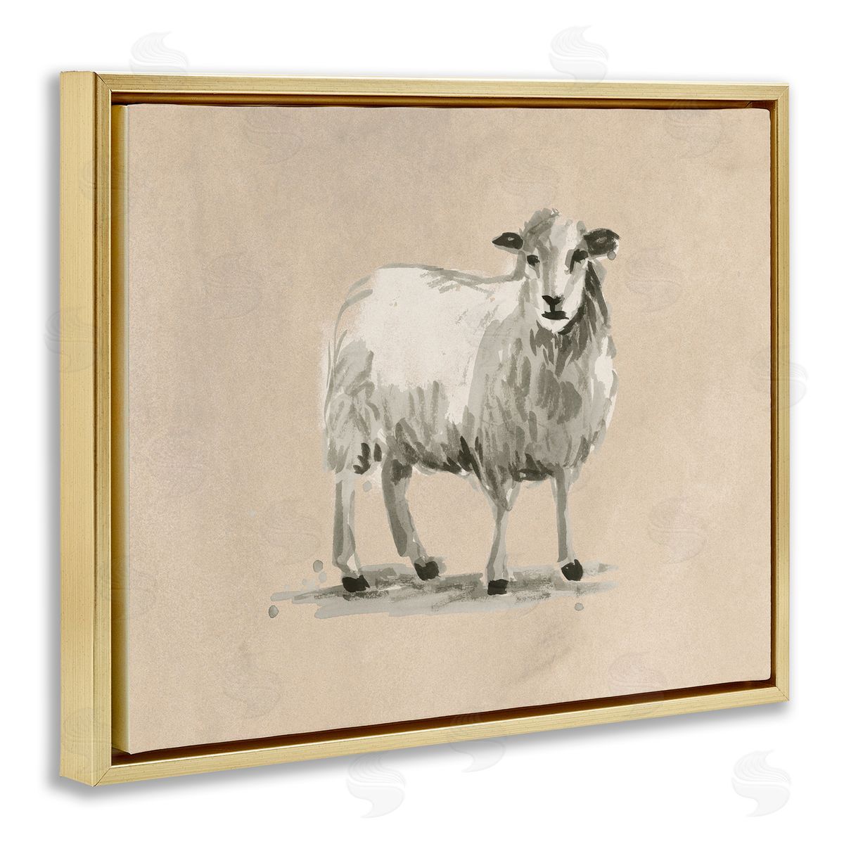 Gazing Sheep on Beige Gold Floating Frame Canvas Wall Art, Home Decor by June Erica Vess